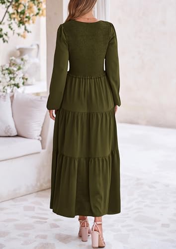 Image of PRETTYGARDEN Fall Dresses for Women 2025 Casual Long Sleeve V Neck Smocked A Line Long Flowy Wedding Guest Dress