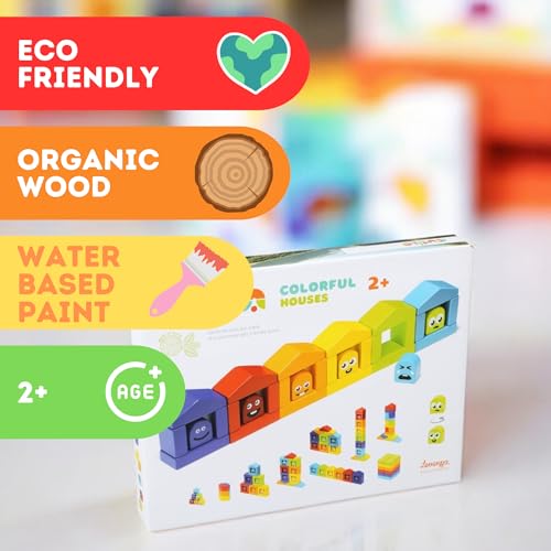 Image of CUBIKA Wooden Construction Set Colorful Houses - 24-Piece Construction Play Set with Emotion Characters for Toddlers 2+- Montessori Toy for Creativity, Cognitive Development, and Emotion Recognition