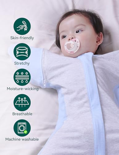 Image of BABELIO Swaddle with Detachable Zip Sleeves Temp-Sensing Baby Transitional Swaddle Arms Up 2-Way Zipper Sleep Sack Soft Blue