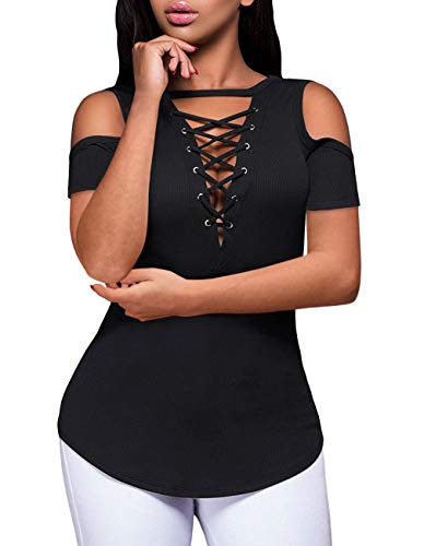 Womens Short Sleeve Cold Shoulder Solid V Neck Tee Shirts Tops Ribbed Hollow Out Tunics(Black,M)