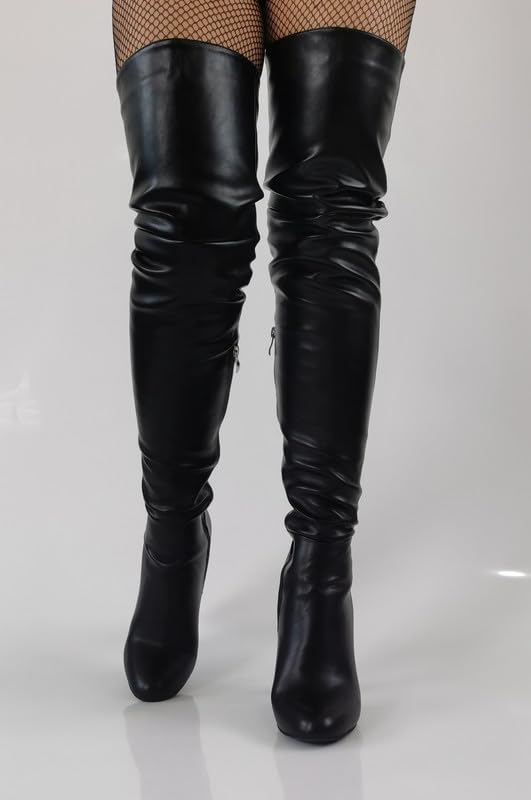 Damen Overknee Stiefel mit Mandelzeh Blockabsatz Boots Reißverschluss Überkniestiefel