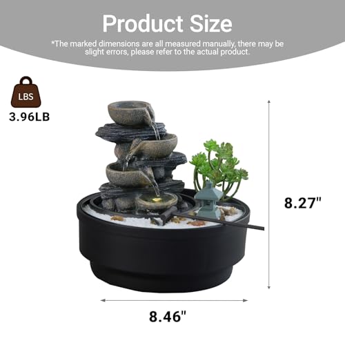 Bumilgar Indoor Tabletop Water Fountain with LED Lights & Pagoda, 4-Tier Rock Cascading Design, Artificial Flowers, White Stones and Rake, Zen Decor for Office/Living Room/Bedroom/Study (8.5