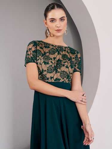 Image of Miss Chase Women's V-Neck Full Sleeve Self Design Lace-Overlaid Georgette Maxi Dress