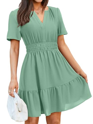 Image of Simplee Womens Casual Summer Dresses 2026 V Neck Short Sleeve Empire Waist Flowy A Line Ruffle Tiered Mini Sundress