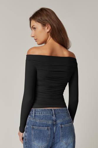 QINSEN Womens Off Shoulder Long Sleeve Tops Ruched Going Out Crop Slim Fitted Double Lined Shirts4