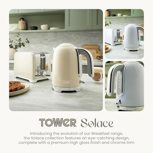 Image of Tower Premium Solace Electric Kettle 1.7L, 1350W | Full Metal Body, Rapid Boil in 45 Seconds, Auto Shut-Off, Boil-Dry Protection, 360 Power Base, Water Level Indicator, 2 Year Warranty (Cream)