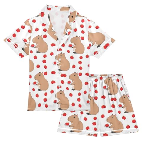 Cute Capybara with Apple Summer Satin Pajama Set, Cute Button-Down Sleepwear Pj Set for Sleep Wears