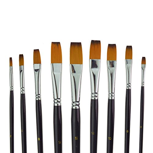 Marrywindix 9Pcs Flat Pointed Tip Nylon Hair Acrylic Watercolor Brush Artists Paint Brush Set Black #TOP6