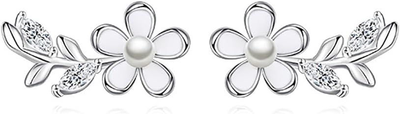 Reffeer Solid 925 Sterling Silver Flower Stud Earrings for Women Teen Girls CZ Leaf Post Stud Earrings Simualted Pearl Flower Studs