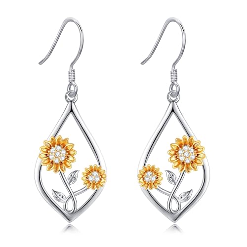 Sunflower Earrings 925 Sterling Silver Sunflower Teardrop Dangle Drop Earring Sunshine Floral Earrings Sunflower Jewelry Gifts for Women
