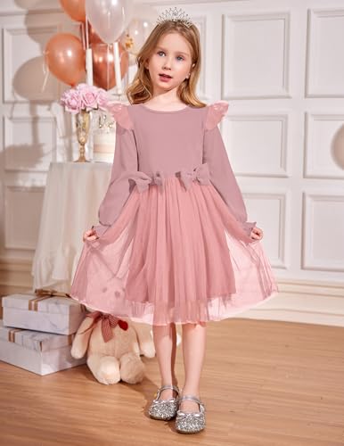 Image of Arshiner Toddler Girls Tulle Dresses with Bow Tie Fall Winter Long Sleeve Formal Party Dress 1-7 Y
