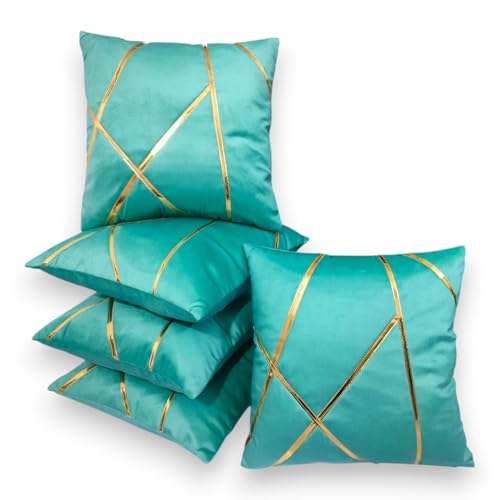 Image of Zikrak Besur Gold Stripe On Velvet|Pack of 5 Cushion Cover|for Home Decoration|Living Room Decor|Hotel Premeuim Quality Cushion Cover|Exclusive ON Amazon (Aqua, 26 x 26 INCH(65 X 65 CM))
