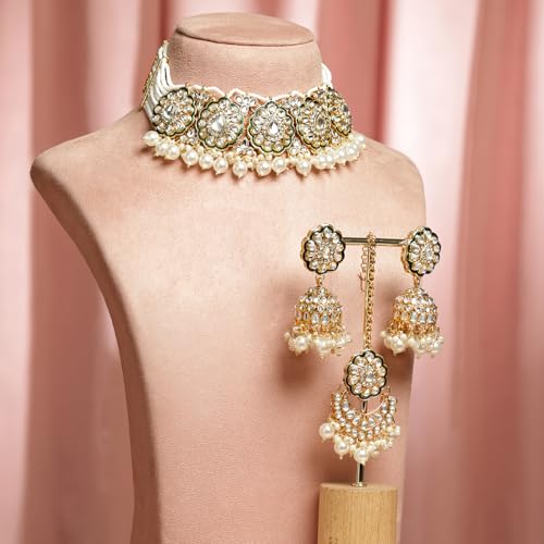 Image of Rubans Necklace Maangtikka Set Gold Plated Kundan & Pearl Jewellery Gift for Women & Girls