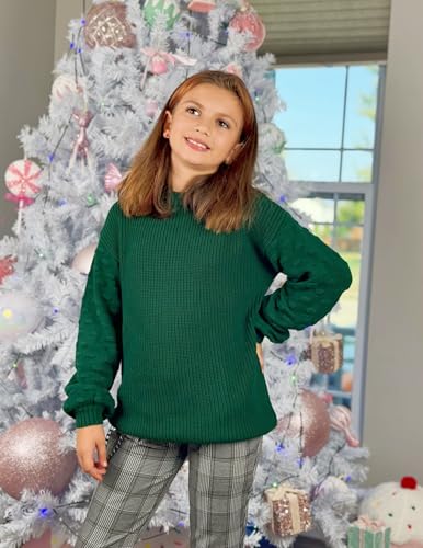 Image of Arshiner Girls Crewneck Sweaters Chunky Lantern Sleeve Knit Jumper Tops Casual Drop Shoulder Pullover Outwear for 5-13 Years