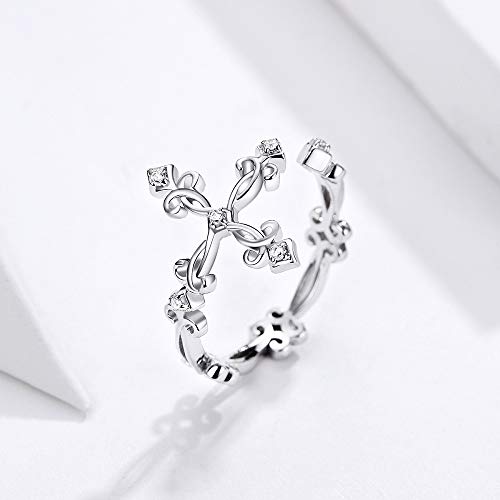 NewZenro Christian Faith CZ Cross 925 Sterling Silver Open Statement Rings Adjustable Eternity Wedding Band Fashion Dainty Filigree Flower Ring for Women2