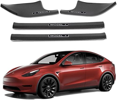 4-Piece Door Entry Protector for Telsa Model Y, ABS Glossy Carbon Fiber Door Sill Entry Protector Front and Velcro Rear Door Strips Tesla Model Y Accessories, Inner Side ID021-C-I
