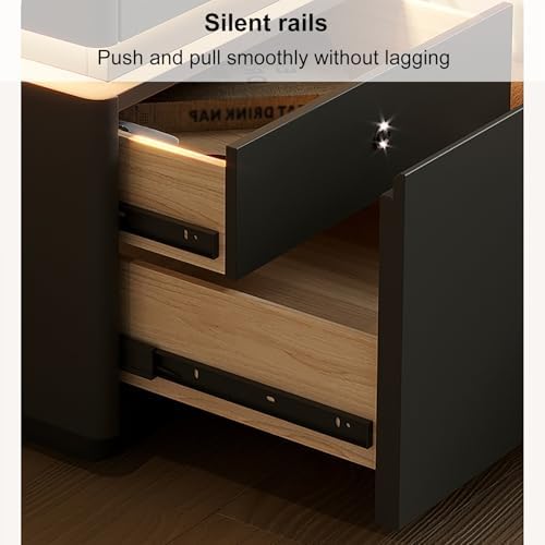 Smart Bedroom Nightstand with Charging Station & Fingerprint Lock, Modern 3-Drawer Side Table with LED Light for Bedroom & Living Room, Black (40cm/15.7in)
