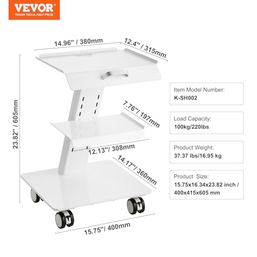Image of VEVOR Trolley Cart with Swivel Wheels, 3-Layer Mobile Esthetician Cart, Steel Metal Rolling Tray for Lab, Clinic, Beauty and Salon, 220 lbs Weight Capacity