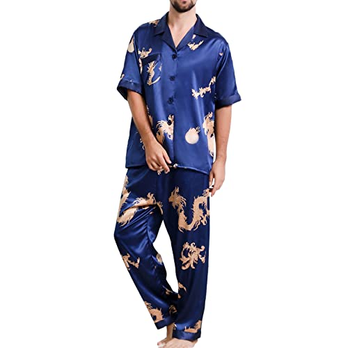 Lu's Chic Men's Satin Pajama Set 2 Piece Dragon Patterned Short Sleeve Button Down Loungewear - Main Image