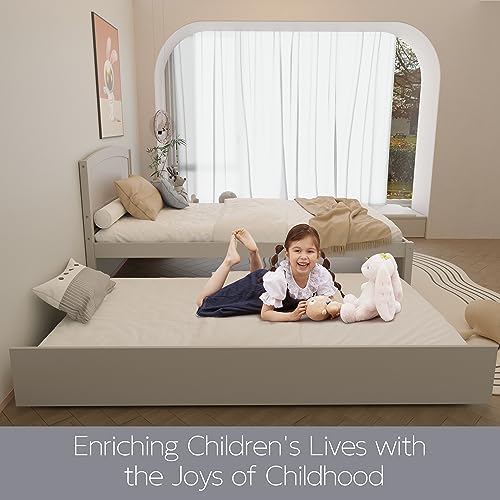 Image of Xilingol Trundle Bed Twin, Solid Wood Bed Frames with Headboard and Wooden Slats Support, Twin Trundle Bed Frame Roll Out, Single Box (No Box Spring Needed)