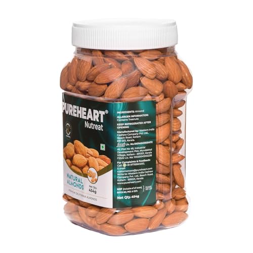 Image of Pureheart Nutreat Natural Almonds (454 gm) Premium California Almond Nuts /Dry Fruit, Crunchy & Delicious Dried Badam - Reusable Jar