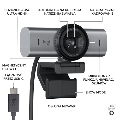 Logitech MX Brio Ultra HD 4K do współpracy i streamingu Kamera, 1080p przy 60 kl./s, mikrofony z podw. redukcją szumów, Show Mode, USB-C, osłona, działa z Microsoft Teams, Zoom, Google Meet, Grafit