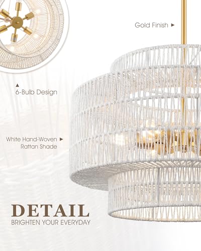 Image of 24 inch Large Boho Rattan Chandelier, 3-Tier White Hand-Woven Shade | 6-Light Gold Dining Room Light Fixture, Pendant Lights for Living Room Bedroom, Adjustable Height, AD-25050-6P-WH