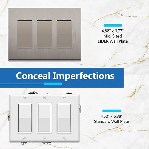 Image of LIDER Decorator Switch Cover, Screwless Wall Plate, Mid-Size 3-Gang 4.88 inch x 6.77 inch, LSWP-33M-BNK, UL Listed, Thermoplastic, Brushed Nickel, 1-Pack