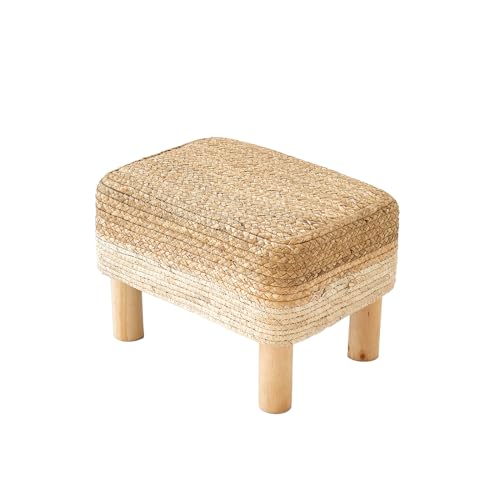 ALeesing Ottoman Foot Stool Rectangular Footrest Natural Seagrass Footstool with Wooden Legs Hand Weave Multifunctional Modern Dressing Stool, Sofa Side Table for Bedroom for Living Room (White)
