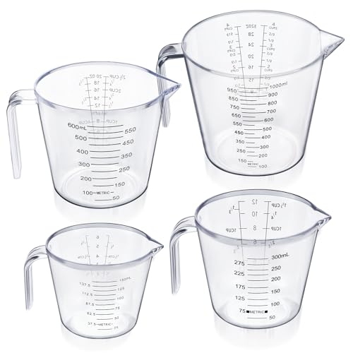 Measuring Jug Set of 4 for Kitchen Lychico BPA Free Liquid Nesting Stackable Measuring Cups with Spout and Handle Plastic Jugs 150ML / 300ML / 600ML / 1000ML with Ml Oz Cup Measurement
