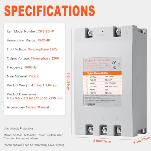 Image of Single to 3 Phase Converter 20HP (15kW) Digital Phase Shifter, 70A 220V-240V, One Converter for One Motor, for 3-Phase Induction Motors Only (Not a Power Supply)