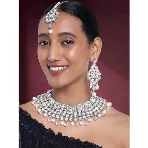 Image of Peora Crystal Choker Necklace with Maang Tikka Earrings Indian Traditional Bridal Wedding Jewellery Set for Women