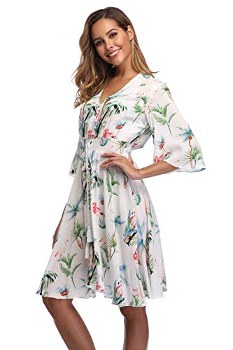 Image of VintageClothing Women's Floral Sundresses Flowy Boho Summer Beach Dress | Lightweight Breathable material,Elegant V Neck and Button Front Design,Flared Bell Sleeve Cut,Mini Casual dress
