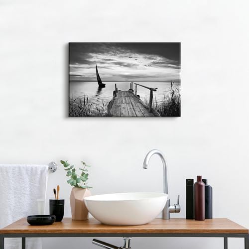 Image of Beach Scenic Wall Art Black and White Sailboat Wall Decor Ocean Coastal Pathway Picture Canvas Prints for Bathroom 16x24 inch, Nature Seascape Painting Poster Artwork Living Room Office Home Decorations