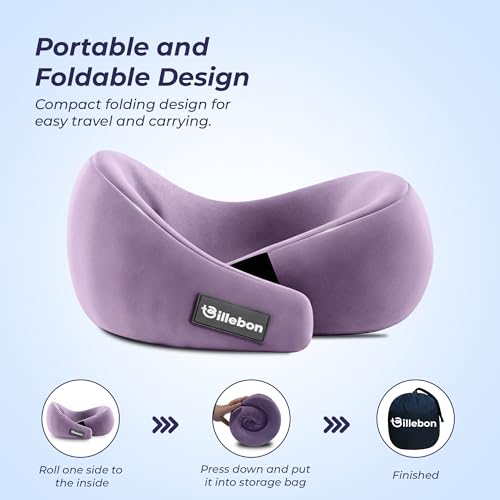 Image of Billebon Gel Infused Memory Foam Neck Pillow, Travel Pillow with Adjustable Velcro Straps, Neck Pillow for Travelling & Flight Travel, Ergonomic Support for Comfort & Pain Relief(Lavender Combo)