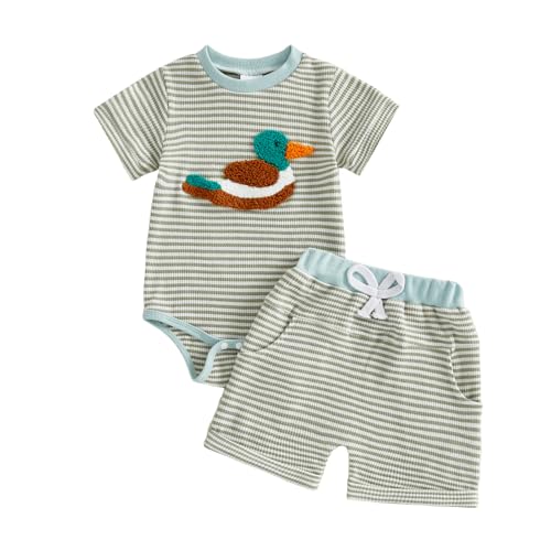 Awwpiely Baby Boy Summer Clothes Newborn Mallard Duck Embroidery Short Sleeve Romper Bodysuit Shorts Set Infant Waffle Outfit (Green-Mallard Duck 6-12 Months)