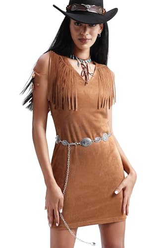 Dilgul Western Dress for Women Cowgirl Fringe Dresses Vintage Faux Suede A-Line Fall Outfits with Tassels Tan Small