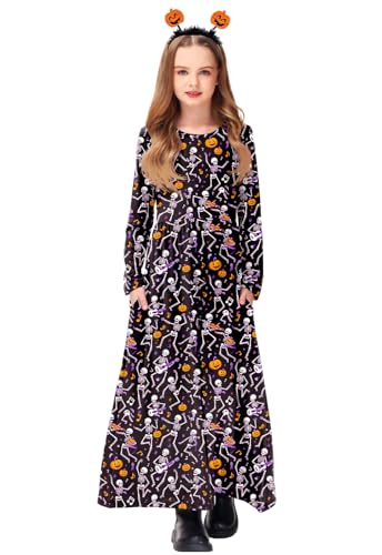Image of Girls Sugar Skull Maxi Dress Long Sleeve Skeleton Halloween Funny Floor Length Dresses 7-8 Years