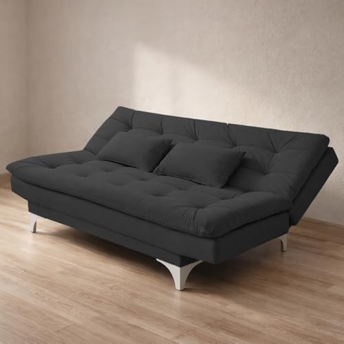 Image of Krancy Solid Wood 3 Seater Sofa Cum Bed with Ottomon | Convertible Wooden Couch for Living Room, Home & Office | Modern Designer Furniture | 1 Year Warranty | Black Color