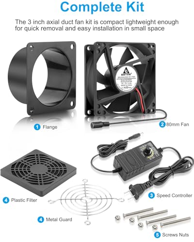 Image of GDSTIME Small Axial Exhaust Fan 80mm 12V DC Fan with AC Plug, 3 Inch Flange | Dual Ball, Variable Speed Control, for Soldering, Smoke Extraction, 3D Printer, DIY Cooling Ventilation Exhaust Projects