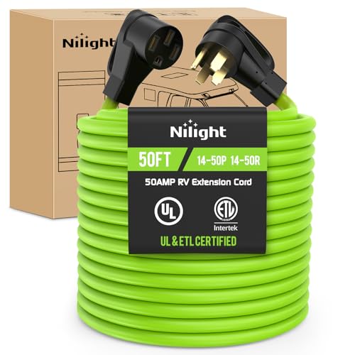 Image of Nilight 50FT 50 Amp RV Extension Cord 250V Heavy Duty 6 /3+8 /1 Gauge Pure Copper STW Wire UL ETL Listed 4 Prong 14-50P 14-50R Weatherproof Suit for EV Trailer Campers Bright Green