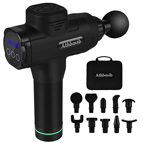 Athbavib Handheld Massage Gun Deep Tissue Percussion Muscle Massager, Portable Electric Body Massager Sports Drill with 10 Heads, Neck Back Fascia Gun Quiet Brushless Motor for Athletes, Gym