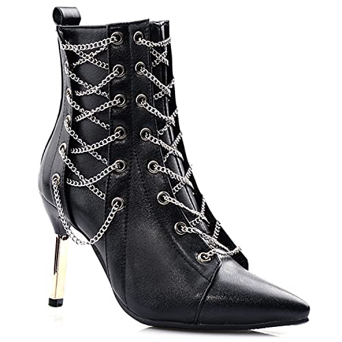 FOWT Women’s Synthetic Leather Patchwork Sexy Pointed Toe Solid Ankle Boots Dressy Wine Glass 3 IN Heel Zip up Metal Decor Booties Fall Comfort Cross-tied Street Party Short Shoes, Black US Size 4-15 M
