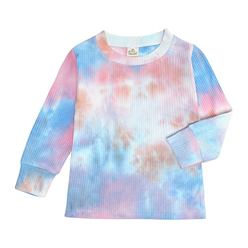 Conjunto de roupas infantis de manga comprida com nervuras e estampa tie dye casual, rosa, 3-4 Anos