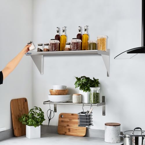 Image of HARDURA Stainless Steel Shelf 18 inch x 60 inch, 450lb Commercial Shelves Wall Mount Metal Shelving with Backsplash and Brackets for Kitchen, Restaurant, Laundry Room and Home