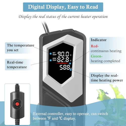 Image of HITOP 800W Titanium Aquarium Heater: Digital Fish Tank Heater with External Controller, Submersible Aquarium Heater with Over-Temperature Protection for Saltwater and Freshwater 100-250Gallon