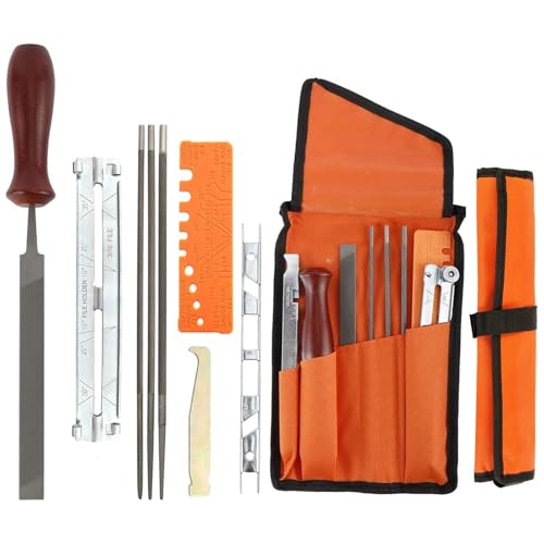 Universal Chainsaw Sharpener File Kit with 5/32 3/16 7/32 Round Files, 6 Inch Flat File, Depth Gauge, Filing Guide Holder, Hardwood Handle for Sharpening & Filing Chainsaws & Other Blades,Saw File Kit