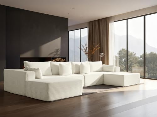 Image of 138 inch Cloud Sectional Couch, Comfort U Shaped Sofa for Living Room, Extra Deep Seats No Assembly, Minimalist Modular Couch, Corduroy (Cream, 6 Seats,U-Shape A)