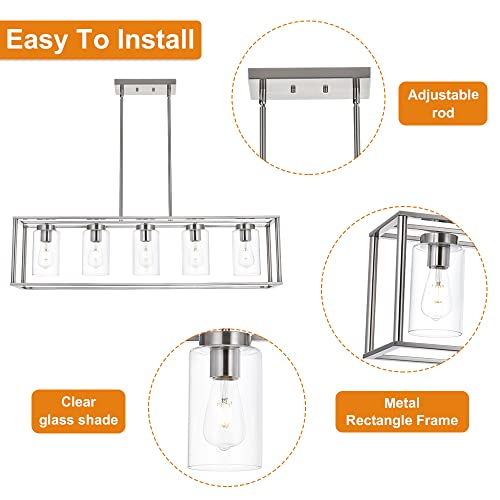 Image of Contemporary Chandeliers Brushed Nickel 5 Light Modern Dining Room Lighting Fixtures Hanging, Kitchen Island Linear Pendant Lights Farmhouse Flush Mount Ceiling Light with Glass Shade