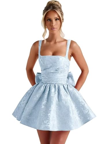 Satin Jacquard Homecoming Dresses for Teens Spaghetti Strap Square Neck Aline Short Prom Cocktail Gown with Bow